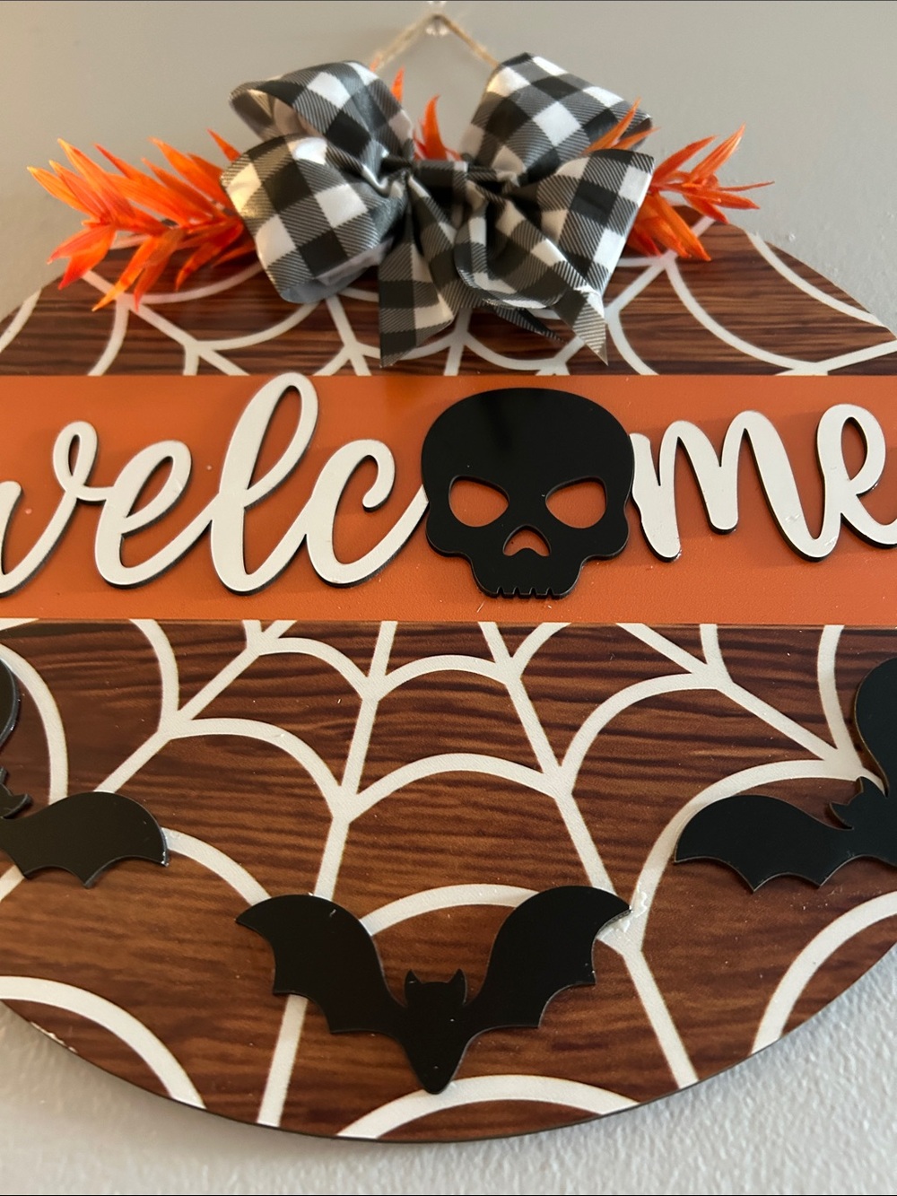 Halloween Orange 'Welcome' Round Wooden Wall Sign with Black Skull Accent - Picture 9 of 10